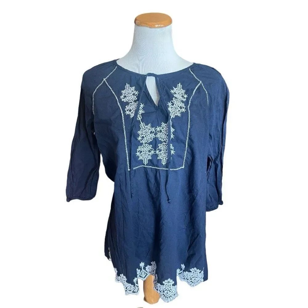 Womens Hannah Navy 3/4 Sleeve Embroidered Boho Keyhole Tunic Top - Sz S